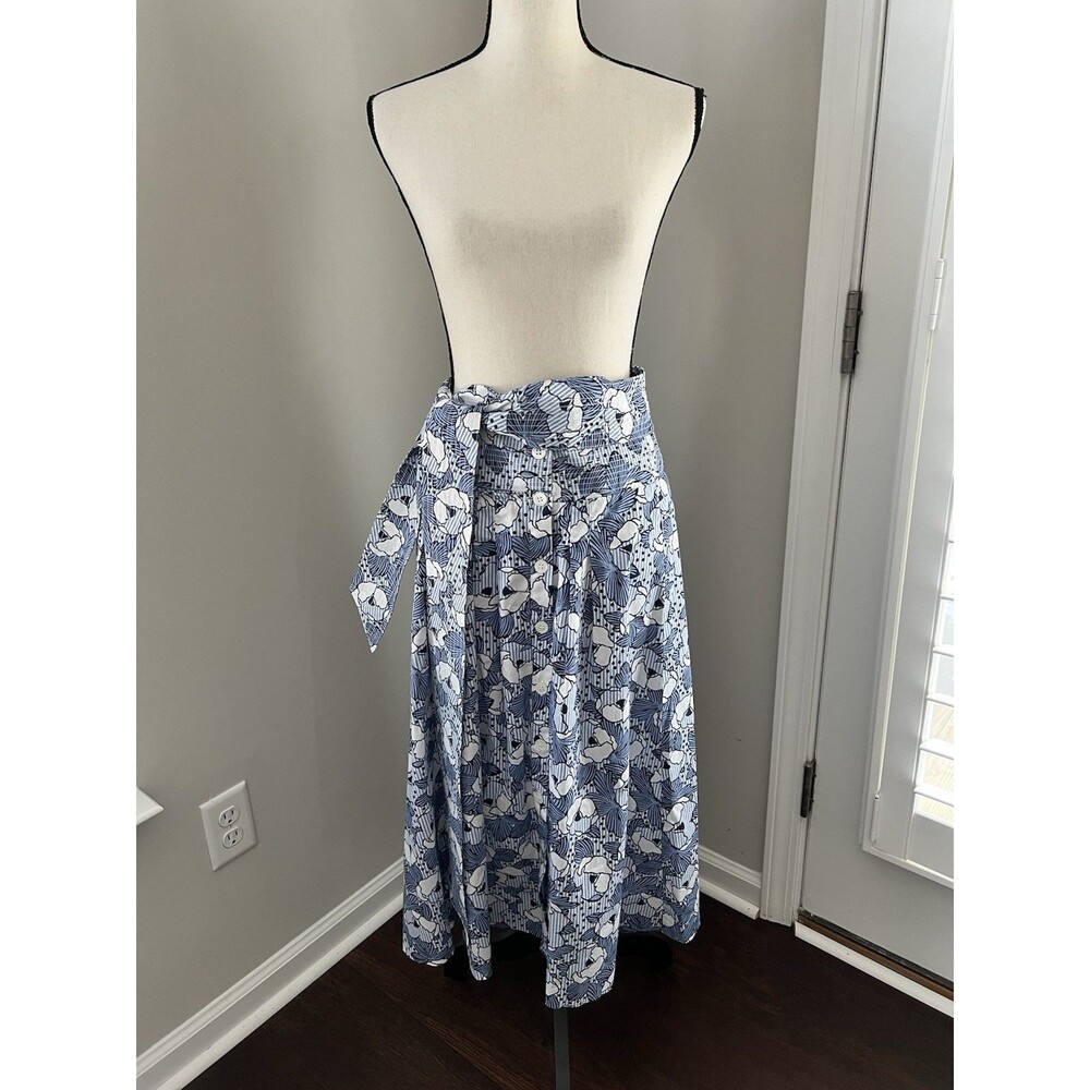 Veronica Beard Caralina Tie-Waist Midi Skirt Blue Stripes & Floral Size 4 EUC